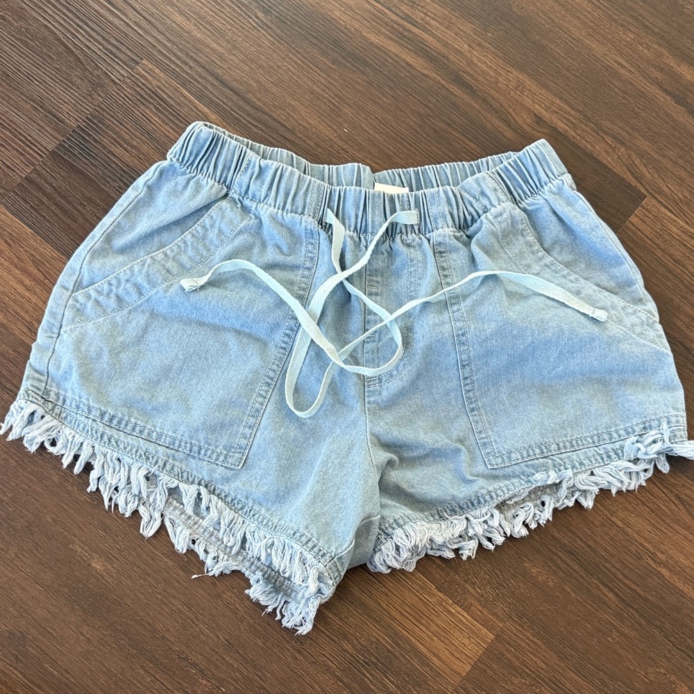 Light Blue Denim Fringe Shorts